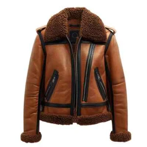Ladies Brown B3 Geniune Sheepskin Leather Jacket Vintage Style Sherpa Fur Coat - Picture 1 of 4