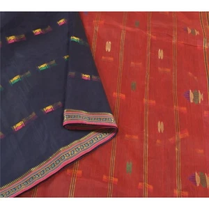 Sanskriti Vintage Blue Sarees Blend Silk Handwoven Bengali Tant Sari Fabric - Picture 1 of 9