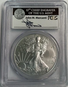 2012-W SILVER EAGLE PCGS MS69 FIRST STRIKE JOHN MERCANTI HAND SIGNED BLACK LABEL - Picture 1 of 2