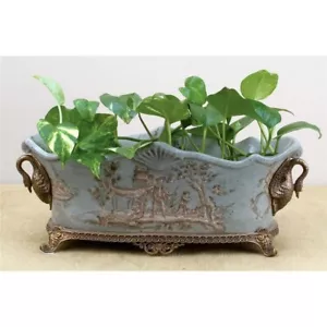 PORCELAIN CELADON CHINOISERIE CACHEPOT PLANTER/CENTERPIECE BRONZE ORMOLU-16''L - Picture 1 of 7