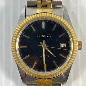 Reloj Geneva Cuarzo Esfera Negra Fecha Oro Cromo Malla Banda PARA REPUESTOS O REPARACIÓN - Imagen 1 de 8