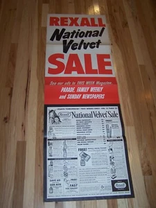 Letrero de pancarta de papel vintage REXALL DROG STORE TERCIOPELO NACIONAL de unos 20"x60" lote A - Imagen 1 de 4
