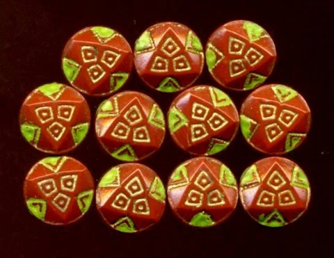 Set of 10 1930's Tiny Antique Glass Buttons…Brown, Lime Green, Gold Cover