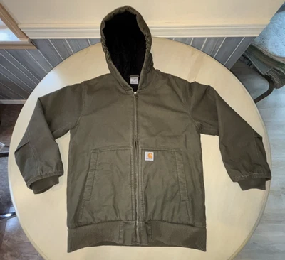 LG 14-16 Youth Kid Boy CARHARTT JACKET Moss Green Duck Canvas HOODED Lined COAT - Image 1 of 4
