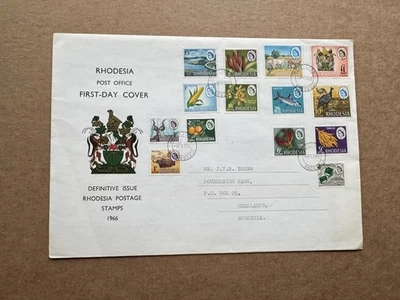 Rhodesia 1966 FDC +QEII Definitive Set #223-36 +Emblem Cachet +Small CDS - Image 1 of 2