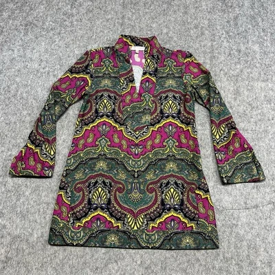 Top túnica Jude Connally para mujer XS verde rojo estampado cachemir manga larga EE. UU. Preppy Foto 1 de 4