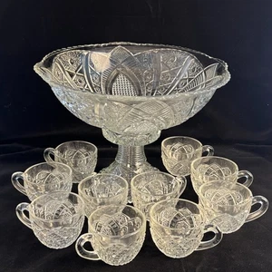 McKee Glas Concord Klarglas Standfuß Bowle Schüssel Set 10 Tassen und Ständer - Bild 1 von 20