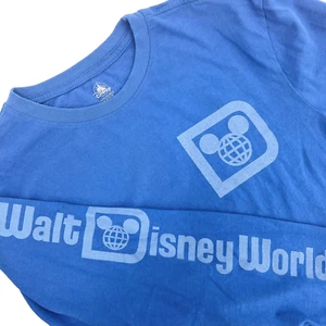 DISNEY Adult Size XS Blue Long-Sleeve DISNEY WORLD Spellout Crewneck T-Shirt - Picture 1 of 9