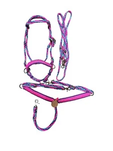 pony tack set handbraided in hot pink, lilac, and neon turquoise - Picture 1 of 4