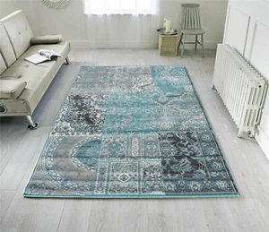 Blau Grau Patchwork Teppich Wohnzimmerteppiche Klein Groß Matten Flur Läufer Teppich UK - Bild 1 von 10