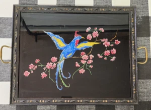 Antique Folk Art Fine Tinsel Reverse Foil of Bird on Cherry Blossom Branch Tray - Picture 1 of 24