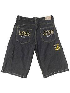 Red Ape Jean Shorts Jorts Mens 38 Black Denim Fade Baggy Flip Pocket Vintage Y2K