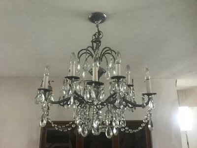 LUSTRE DE CRISTAL VINTAGE PRATA/NÍQUEL 10 VELAS SOBRE LATÃO FUNDIDO - Imagem 1 de 4