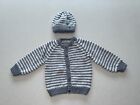 New Hand Knit Grey Stripe  Cardigan & Hat Age 12 Months - See Measurements