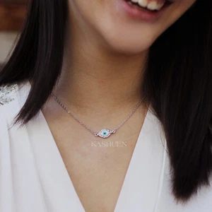 Dainty ~Turquoise Evil Eye~ Made with Swarovski Crystal Jewish Judaism Necklace - Picture 1 of 3