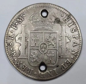 Rare Argent Colonial, 8 Reales 1800 FM Carlos IV - MEXICO (26.2g) Trouée! - Zdjęcie 1 z 2