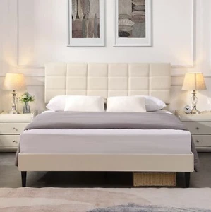 Full/Queen/King Upholstered Platform Bed Frame Fabric Headboard&Wooden Slat USA. - Picture 1 of 32