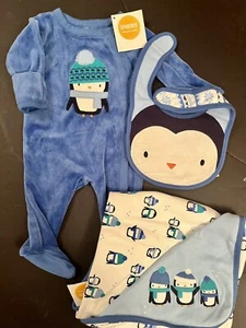 NWT 0-3 mo Gymboree NEWBORN ESSENTIALS PENGUIN Cotton Blue SLEEPER BLANKET BIB - Picture 1 of 11