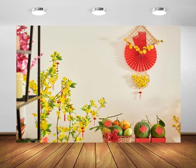 8X6Ft Fabric Vietnamese New Year Backdrop TET Decorations Fresh Fruits Yellow Bl - Image 1 of 4