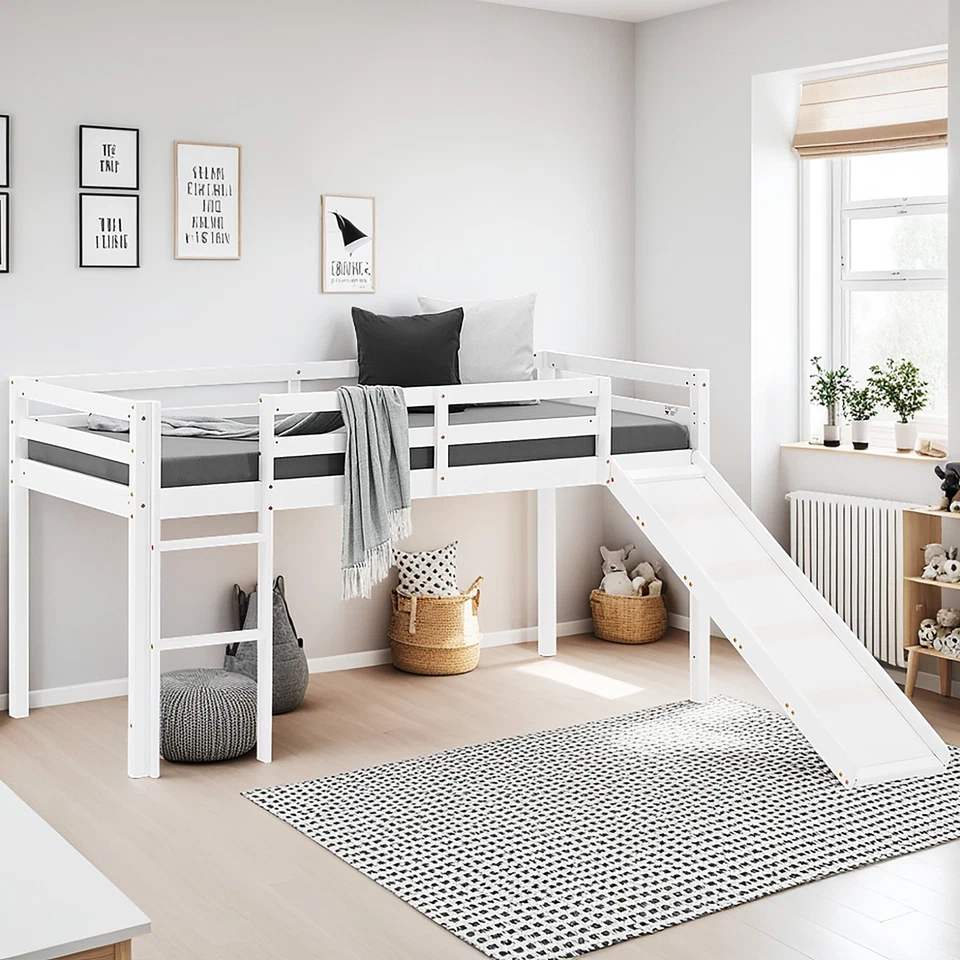 Lit Enfant Mezzanine Jeux Superposé Blanc en Bois 90x200 cm Toboggan Homestyle4u - Photo 1/4