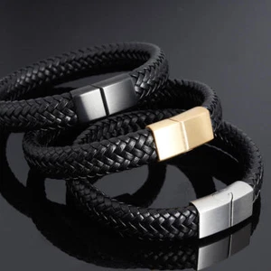 Moda Hombres Pulseras de Cuero Trenzado Negro Cierre de Acero Inoxidable Brazalete Hip-hop - Imagen 1 de 49
