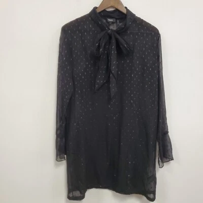 Theory Women Sheer Silk Mini Dress Size 2 Black Bell Sleeve Witchy Career Office - Image 1 of 4