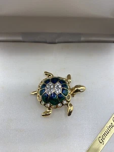 VINTAGE JENNIFER MOORE Turtle Brooch/Pin Gold Tone Blue Green Enamel Jewelry - Picture 1 of 8