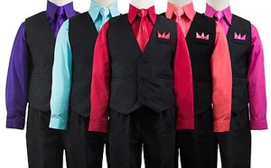 Boys Solid Black Vest Suit Set with Colored Dress Shirt, Tie, Size 2T-14 Wedding - Picture 1 of 11