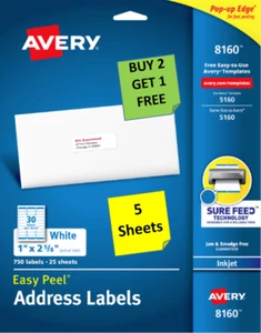 [5 Blatt] Avery 18160/8160/8460 Versandetiketten 1 x 2 5/8 weiß TINTENSTRAHL B2G1 - Bild 1 von 1