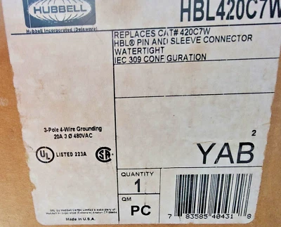Hubbell Hbl420c7w Pin And Sleeve Connector IEC309 CONFIGURATION,20A,480V - Image 1 of 3