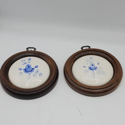 Lasting Products Wall Plaques Pair Blue Floral Ceramic Wood Frames Made USA 60s - Image 1 of 4
