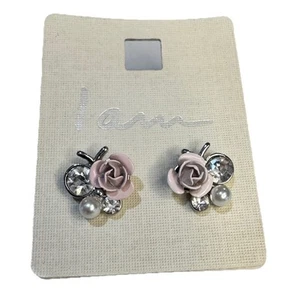 I Am Floral Butterfly Rose Faux Pearl Rhinestone Earrings Silvertone - Picture 1 of 8