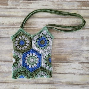 Handmade Crochet Granny Square Hexagon Boho Shoulder Bag Tote Green Blue Gray - Picture 1 of 8