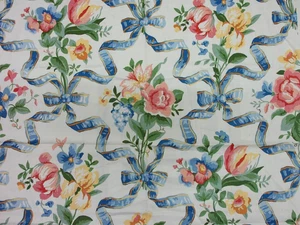 P Kaufman Red Blue Yellow White Floral Ribbon Scotchgard Fabric Remnant #18 - Picture 1 of 7