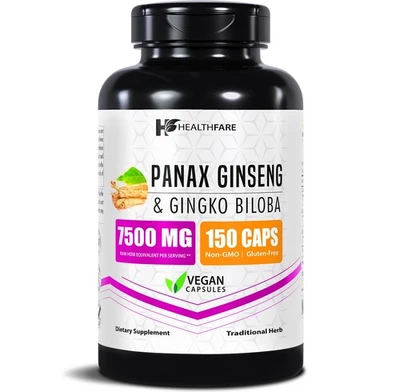 Healthfare Panax Ginseng & Ginkgo Biloba 7500mg 150 Cápsulas Aumentar el Enfoque del Estado de ánimo Cerebral Foto 1 de 4