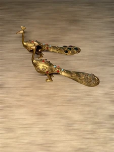 Vintage Paar Messing Pfau besetzt bunte Steine Art Deco Figuren - Bild 1 von 6