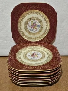 10er Set Hülsenfrüchte Tschechoslowakei Porzellan Porzellan Dessert Salatteller weinrot & gold - Bild 1 von 8