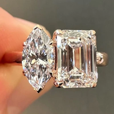 Anillo de diamantes CVD cultivados en laboratorio con marquesa y esmeralda IGI VS1 E 3,06 tcw y oro rosa de 14 k Foto 1 de 4