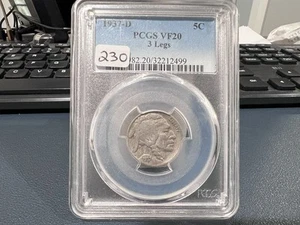 1937-D 5c 3 Legs Buffalo Nickel PCGS VF20 Five Cent Error (FGJ) - Picture 1 of 4