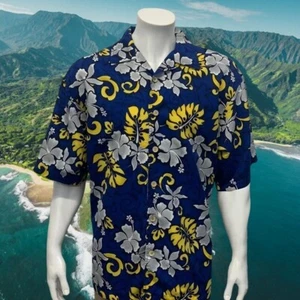 ODO Hawaiian Floral Design Blue Yellow White Short Sleeve Shirt Wood Buttons XL - Picture 1 of 11