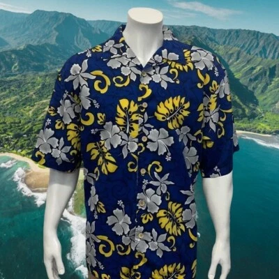 ODO Hawaiian Floral Design Blue Yellow White Short Sleeve Shirt Wood Buttons XL - Image 1 of 4