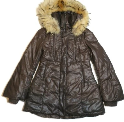 Chaqueta Mackage Mujer Mediana Piel Mapache Capucha Marrón Invierno Lana Cuero Borde Foto 1 de 4