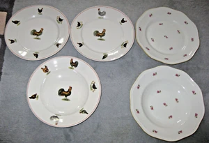 5 Teller Speiseteller Suppenteller Pirkenhammer Rose Hahn Hühner Porzellan alt - Bild 1 von 7