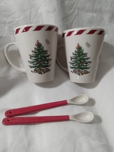 Spode Christmas Tree Conical Mug Coffee Cups with Spoons Set of 2 NIB - Picture 1 of 3