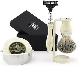 Mens Shaving Kit 3 Edge Blades Razor Badger Hair Brush Stand Soap - Perfect Gift - Picture 1 of 7