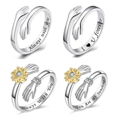 925 Sterling Silver Love Hug Ring Band Open Finger Adjustable Womens Jeweller UK - Image 1 of 4