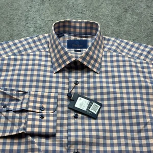 David Donahue Dress Shirt Men 16.5 34/35 Blue Pink Check Trim Fit - Picture 1 of 13