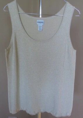 Chico's Talla 1 Med Dorado Bling Rayón Nylon Poli Tejido Tanque Cami Vieira Dobladillo, Brillo Foto 1 de 4