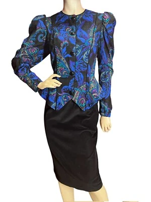 Vestido Talla M~L De Colección Años 80 Leslie Lucks Rayón Azul Peplum Paisley Pana Falda EE. UU. Foto 1 de 4