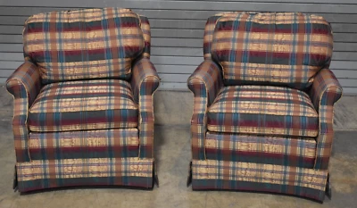 Pair Ethan Allen Club Armchairs with Plaid Striped Fabric - Image 1 of 4